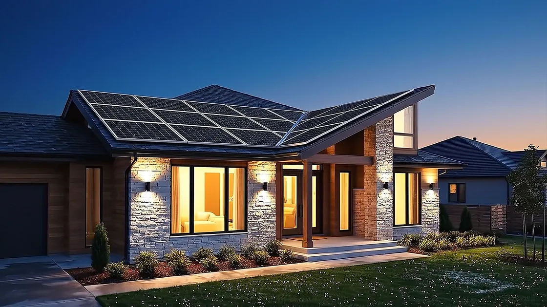 NORTHSUN solar concept site, a house at dusk with solar panels and lit windows