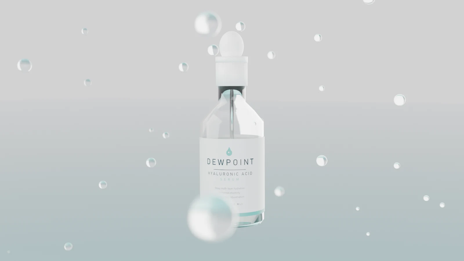 Frame from the DEWPOINT serum film, a dropper bottle floating among water droplets