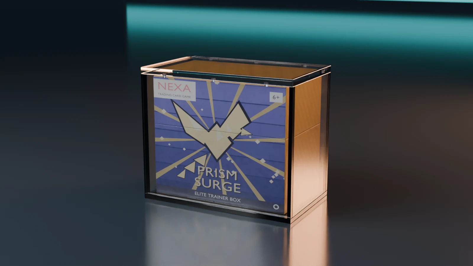 Frame from the RELIQ product film, an acrylic display case in a dark studio